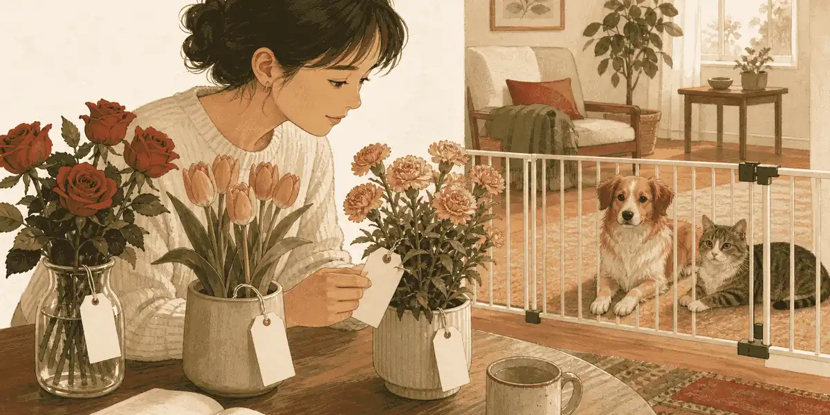 A cat and dog wait behind a low gate while their caregiver checks labels on three secured flowering plants.