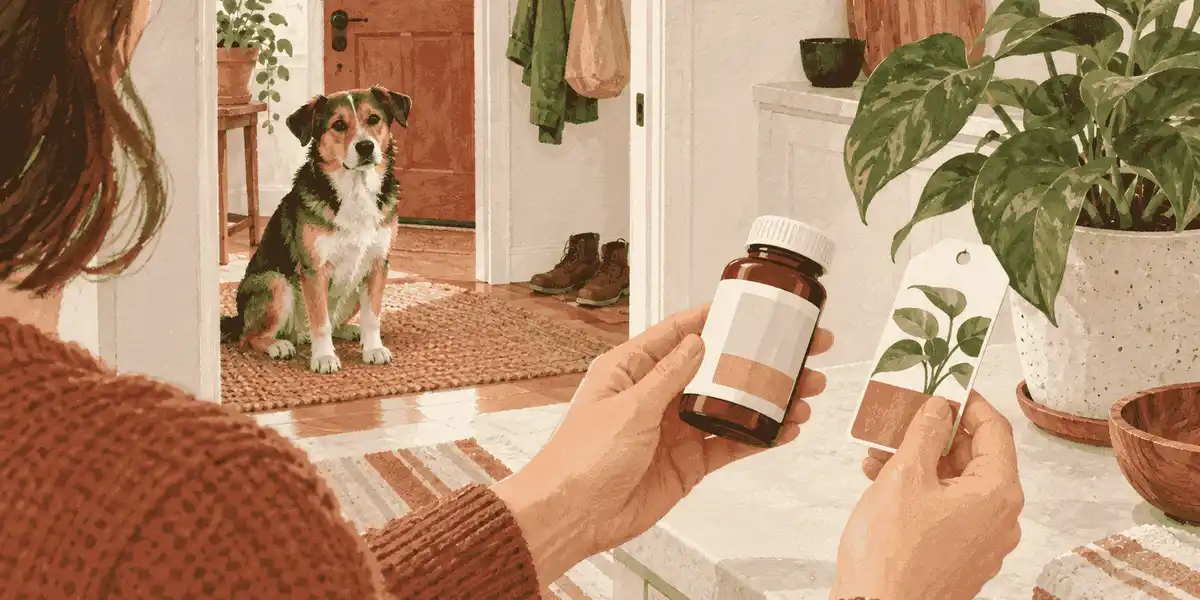 A caregiver checks a medicine label and a plant tag while a calm dog waits behind a quiet doorway.
