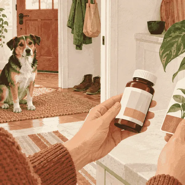 A caregiver checks a medicine label and a plant tag while a calm dog waits behind a quiet doorway.