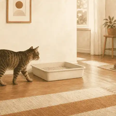 A tabby cat approaches a clean open litter box in a warm room, with food and water set farther away.