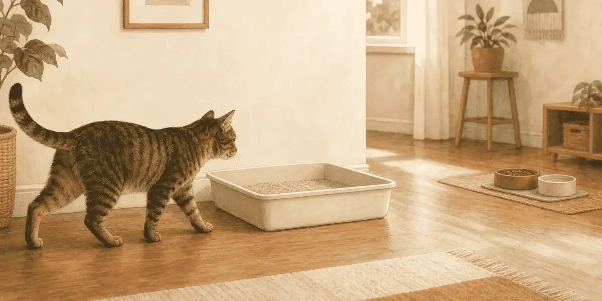 A tabby cat approaches a clean open litter box in a warm room, with food and water set farther away.