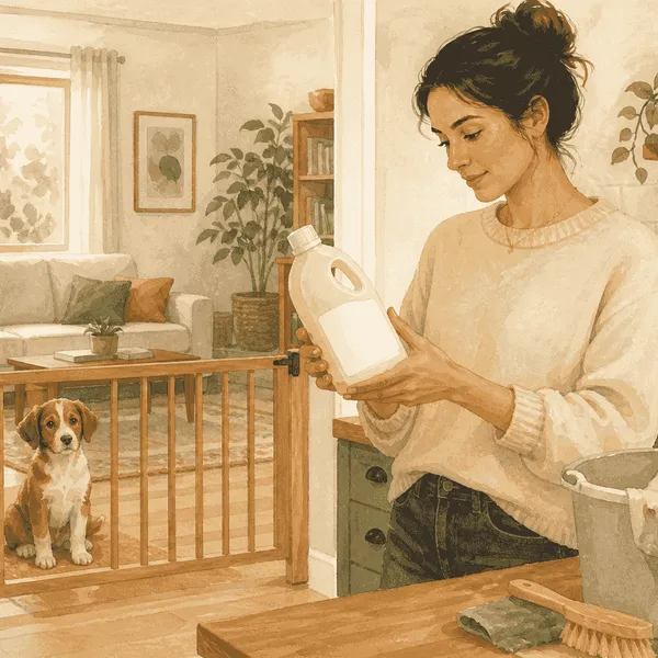 A young brown-and-white puppy waits behind a baby gate while a caregiver reads a cleaner label in a tidy kitchen.