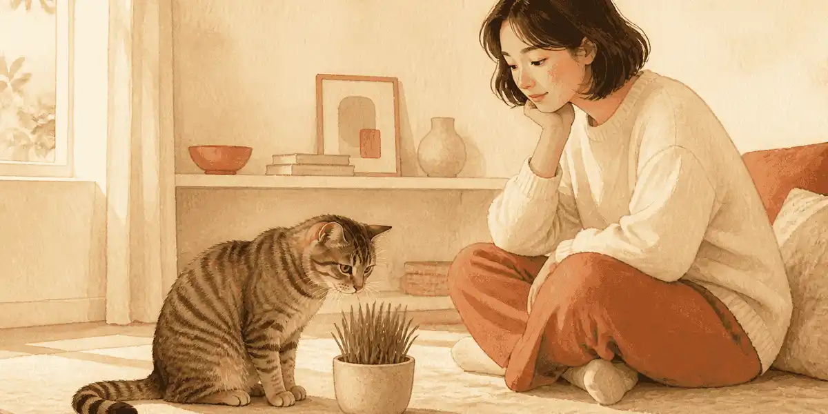 A tabby cat pauses beside a labeled pot of grass while a caregiver watches from nearby.