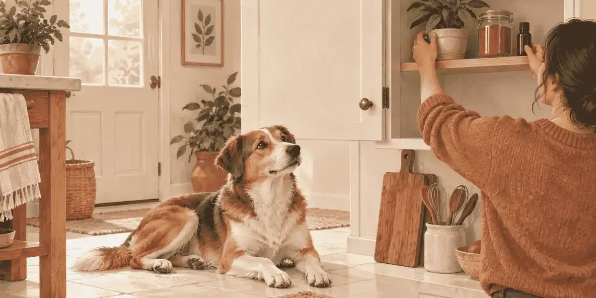 A caregiver keeps a labeled cinnamon plant, sealed spice jar, and small oil bottle out of a dog's reach.