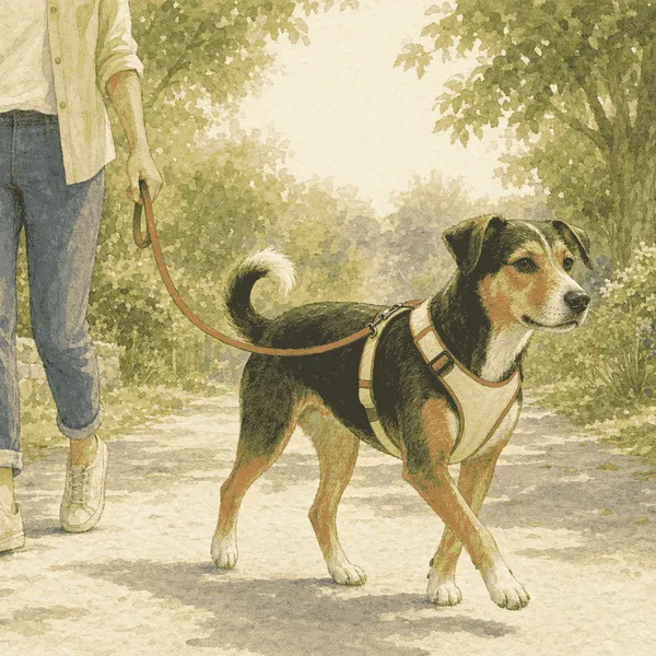 A mixed-breed dog walks beside a caregiver on a leafy path wearing a cream and terracotta harness.