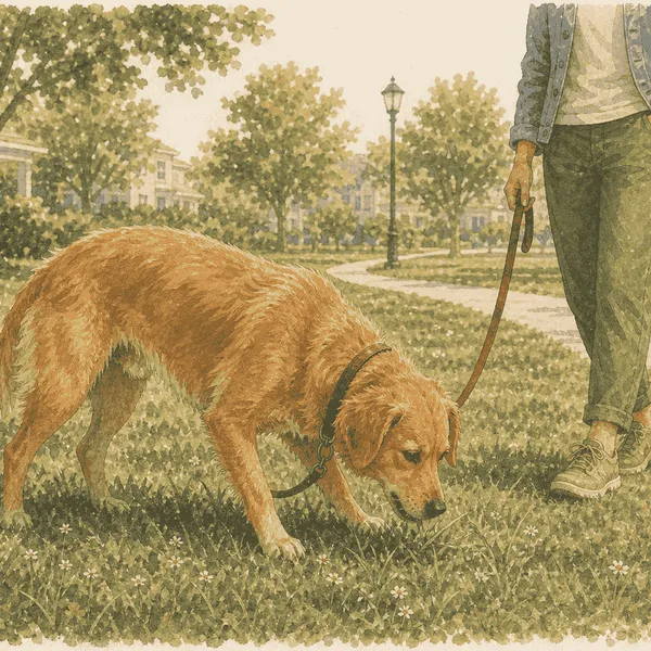 Golden-brown dog sniffing and nibbling grass on a loose leash during a calm morning walk.