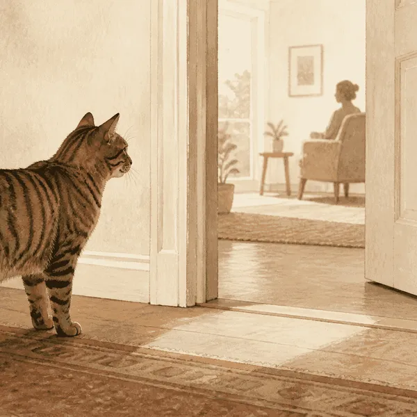 A tabby cat pauses beside a wide open doorway while a caregiver watches quietly from a few steps away.