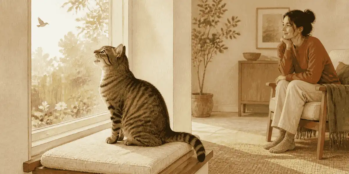A tabby cat watches a small bird outside a sunlit window while a caregiver observes from a respectful distance.