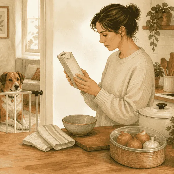 A caregiver reads a soup ingredient label while a dog rests behind a kitchen gate.