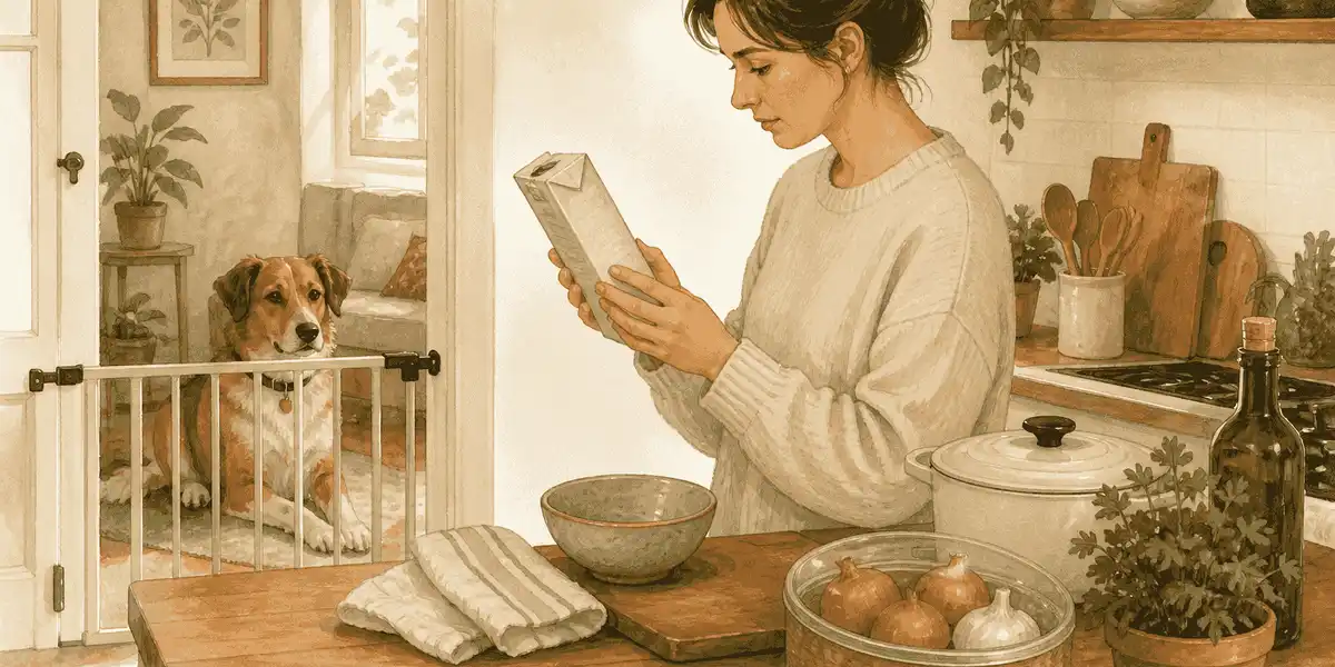 A caregiver reads a soup ingredient label while a dog rests behind a kitchen gate.