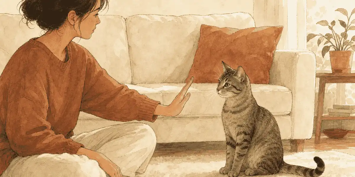 A young tabby looks toward a caregiver's still open hand in a warm living room with a cream sofa.