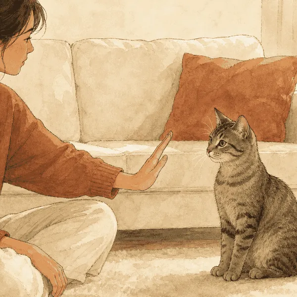 A young tabby looks toward a caregiver's still open hand in a warm living room with a cream sofa.