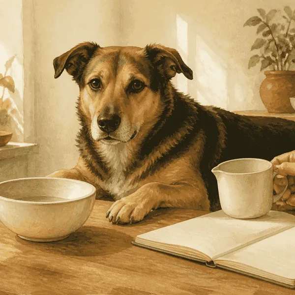 An adult mixed-breed dog rests beside an unbranded food bowl while a caregiver checks a feeding guide and notebook.