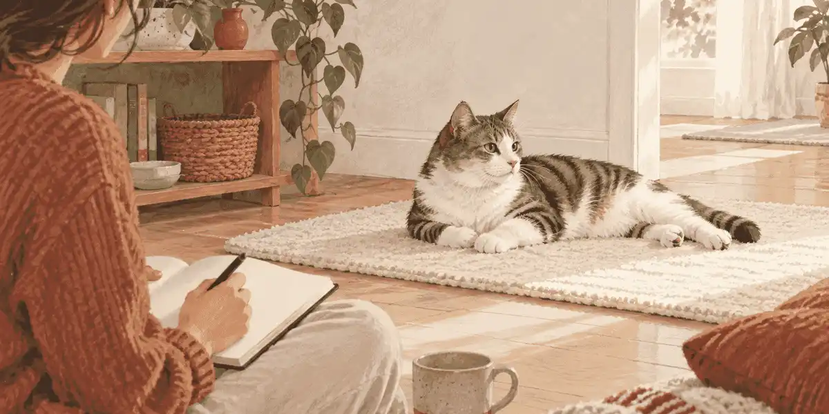 A relaxed male cat rests beside a caregiver's notebook while the caregiver observes from a respectful distance.