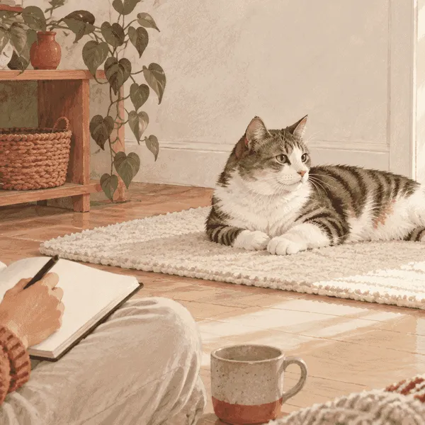 A relaxed male cat rests beside a caregiver's notebook while the caregiver observes from a respectful distance.