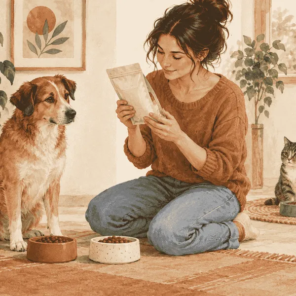 A mixed-breed dog waits beside two separate unbranded treat dishes while a caregiver checks a plain label.