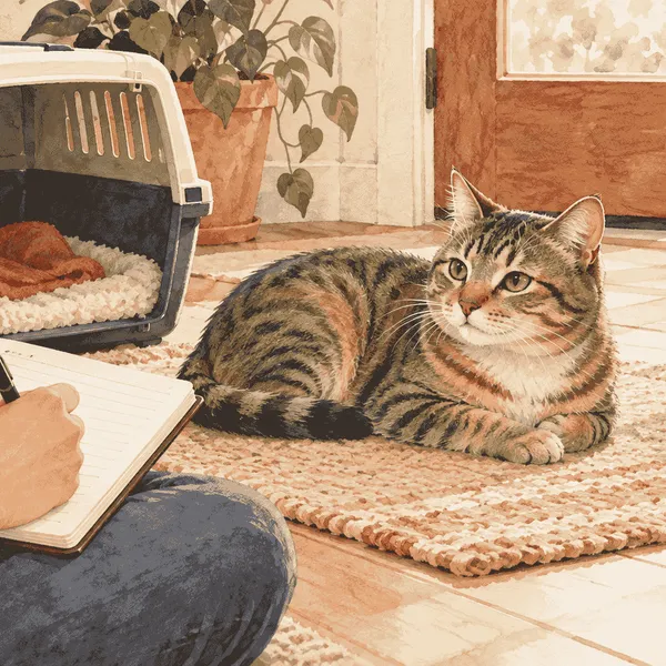 A calm tabby cat rests beside an open carrier while a caregiver writes a vaccination-day note.