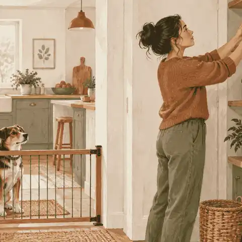 A caregiver checks an unbranded borax container on a high shelf while a dog waits behind a low indoor gate.