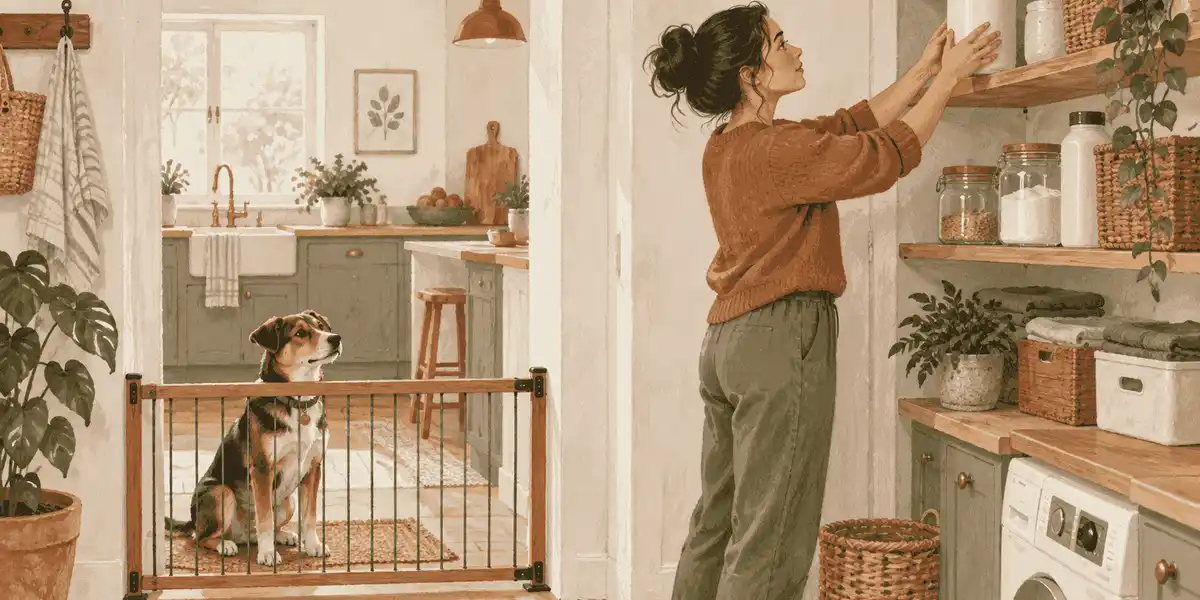 A caregiver checks an unbranded borax container on a high shelf while a dog waits behind a low indoor gate.
