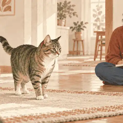 A tabby cat pauses on a soft mat while a caregiver observes from a respectful distance with a phone and notebook nearby.