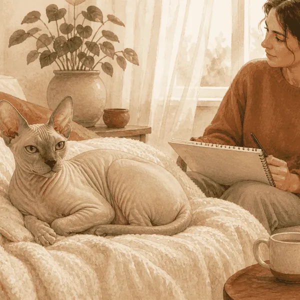A hairless cat rests on a warm cream blanket while a prospective caregiver reviews a care checklist nearby.