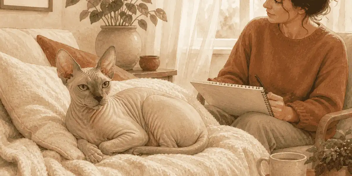 A hairless cat rests on a warm cream blanket while a prospective caregiver reviews a care checklist nearby.