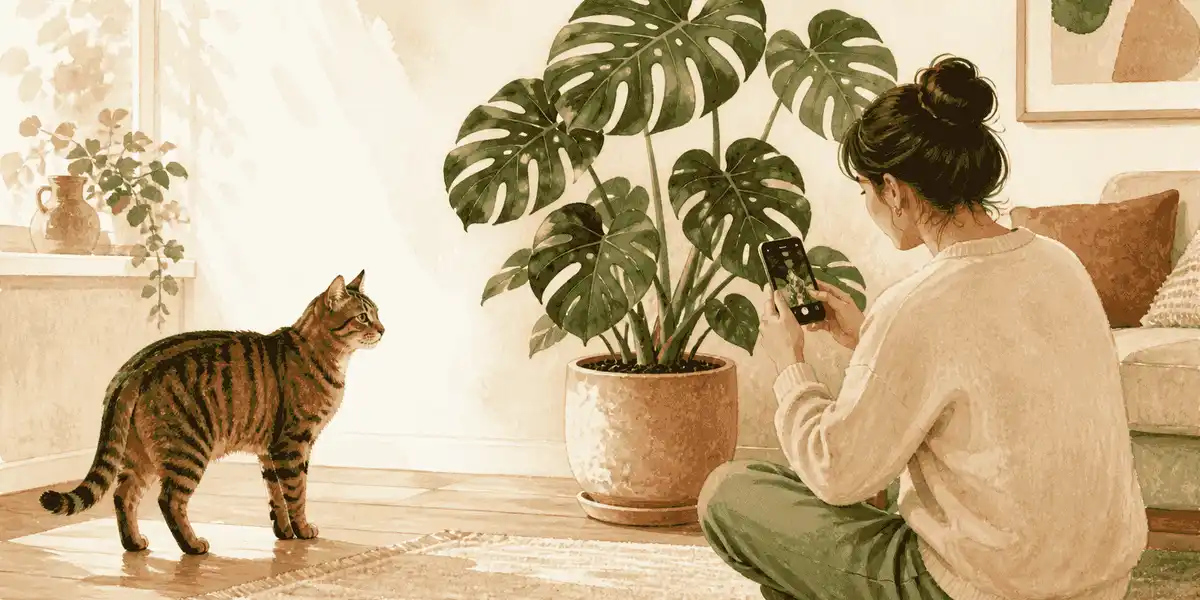 A tabby cat looks toward a large Monstera plant while a caregiver photographs its pot label in a warm living room.
