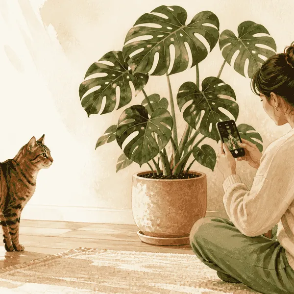 A tabby cat looks toward a large Monstera plant while a caregiver photographs its pot label in a warm living room.