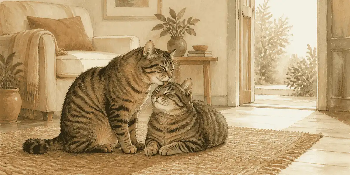 Two tabby cats rest beside one another on a low rug while one gently grooms the other's head in a warm living room.