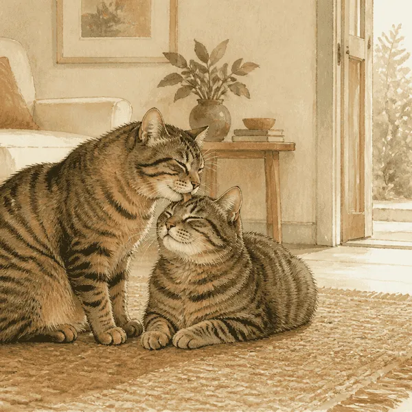 Two tabby cats rest beside one another on a low rug while one gently grooms the other's head in a warm living room.