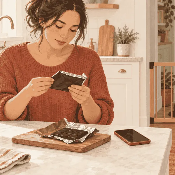 A caregiver checks a chocolate wrapper beside a phone while a cat stays behind a quiet kitchen gate.
