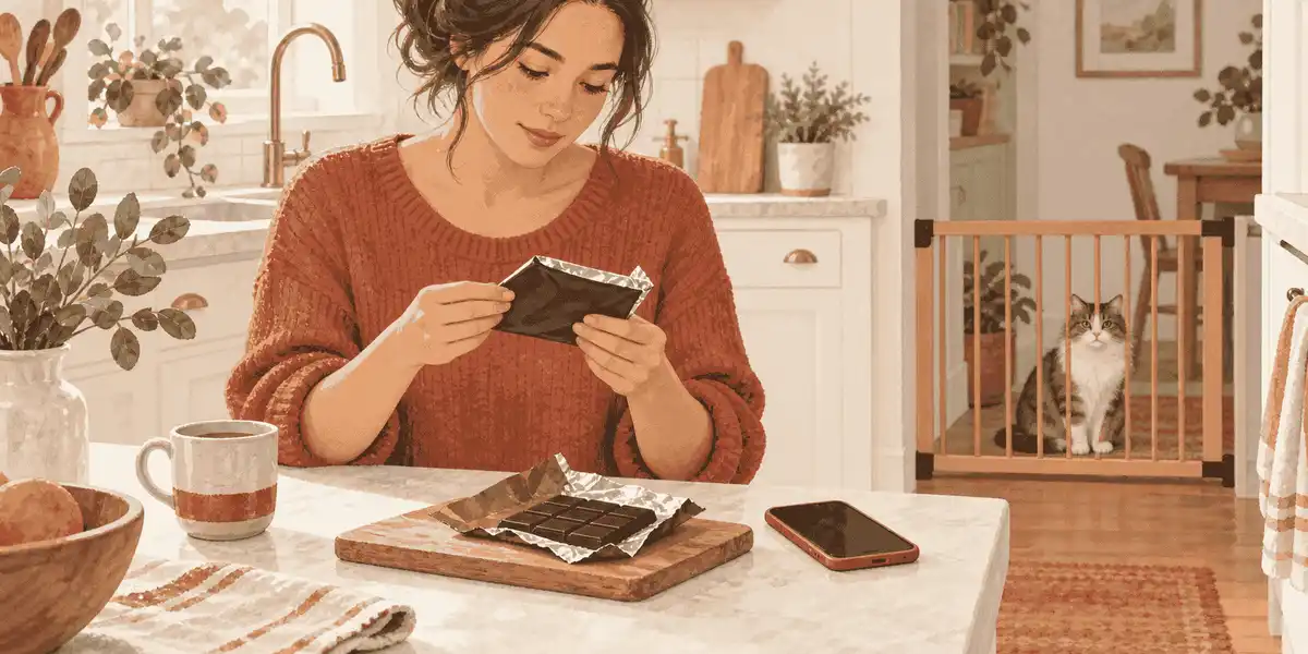 A caregiver checks a chocolate wrapper beside a phone while a cat stays behind a quiet kitchen gate.