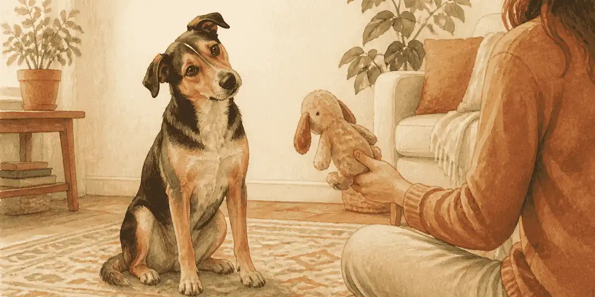 A mixed-breed dog tilts its head toward a familiar toy held by a seated caregiver in a quiet living room.