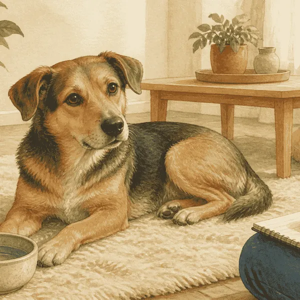 A calm mixed-breed dog rests on a cream rug while a caregiver records a simple health observation beside a water bowl.