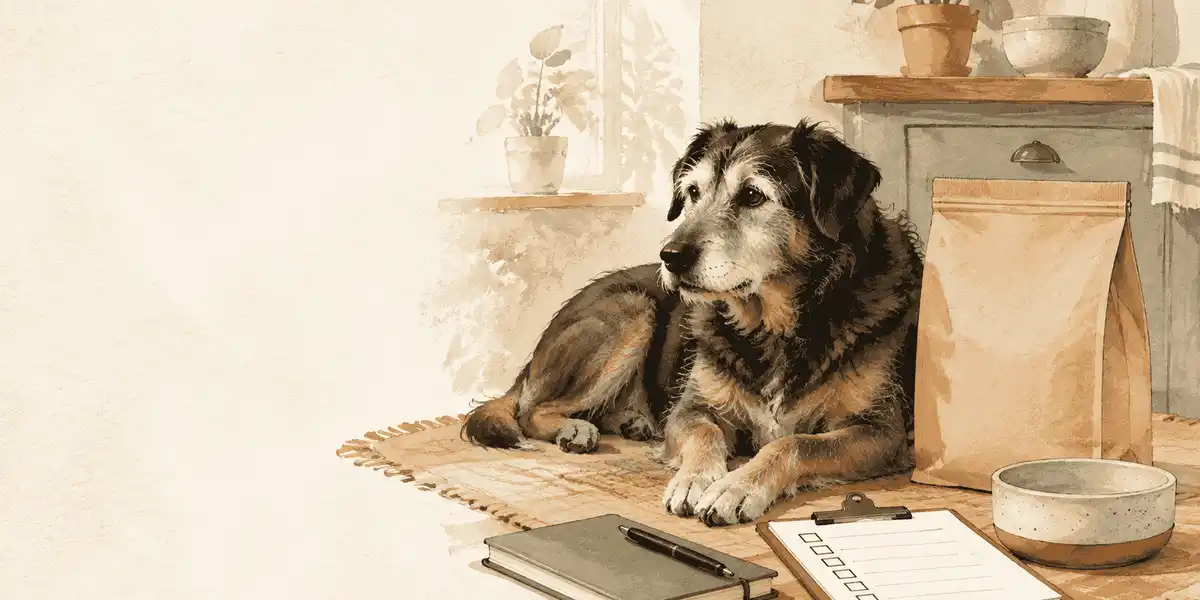 An older mixed-breed dog rests beside an unbranded food label and a caregiver's notebook of body, appetite, and veterinary questions.