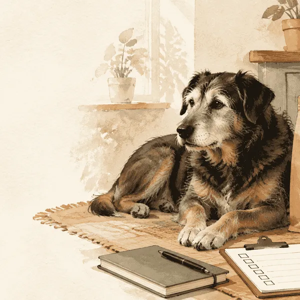 An older mixed-breed dog rests beside an unbranded food label and a caregiver's notebook of body, appetite, and veterinary questions.