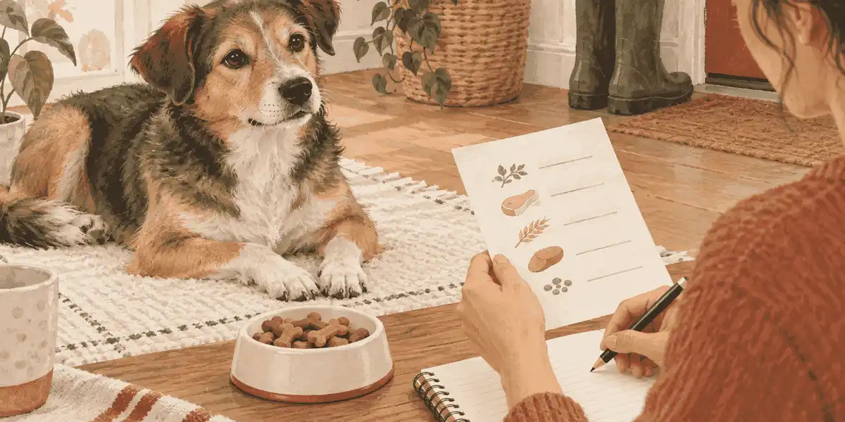 A mixed-breed dog rests beside an unbranded treat dish while a caregiver checks an ingredient list and writes a simple food note.