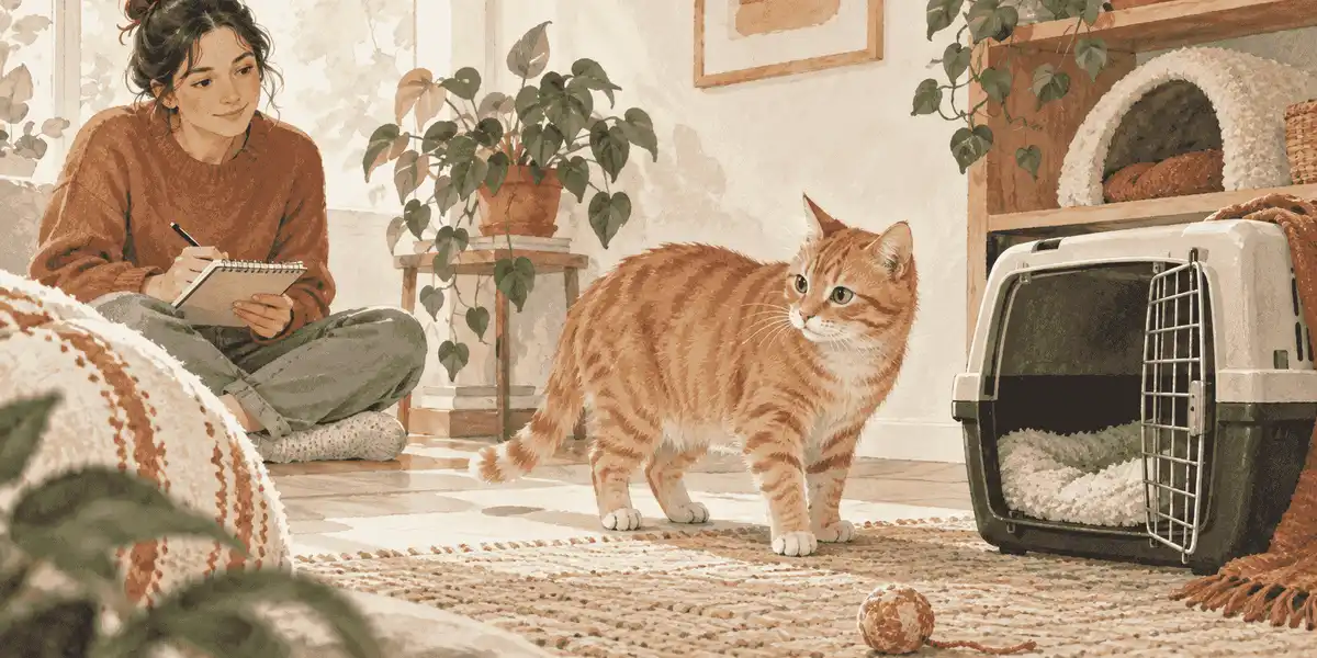 An orange tabby cat pauses near an open retreat while a caregiver observes quietly with a notebook nearby.