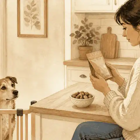 A caregiver compares a small bowl of nuts with an unbranded ingredient label while a dog waits behind a kitchen gate.