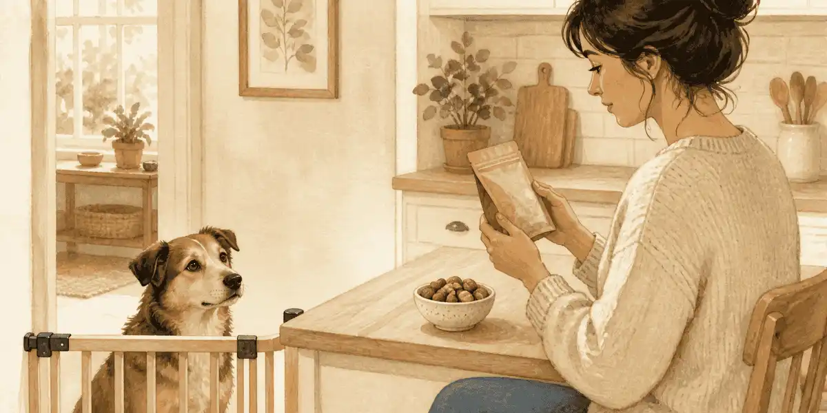 A caregiver compares a small bowl of nuts with an unbranded ingredient label while a dog waits behind a kitchen gate.