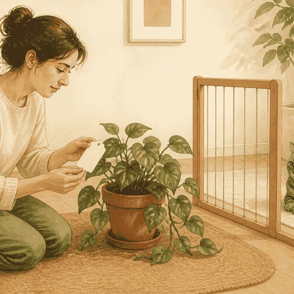 A caregiver checks a pothos plant label while a tabby cat waits safely across the room.