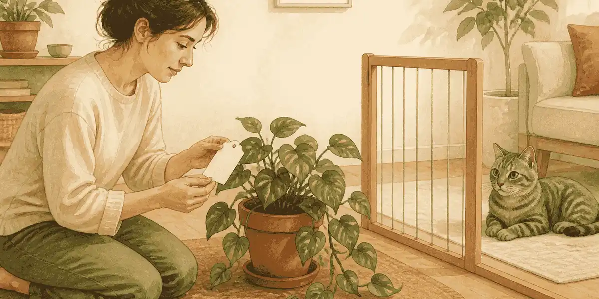 A caregiver checks a pothos plant label while a tabby cat waits safely across the room.