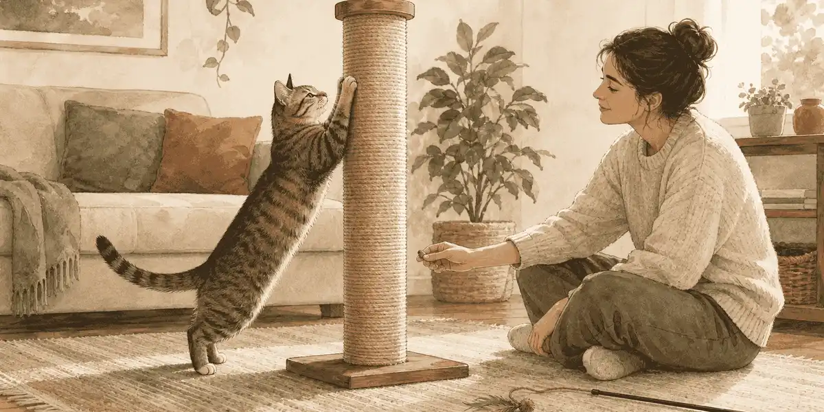 A caregiver calmly offers a wand toy to a young tabby beside a sturdy scratching post in a warm living room.
