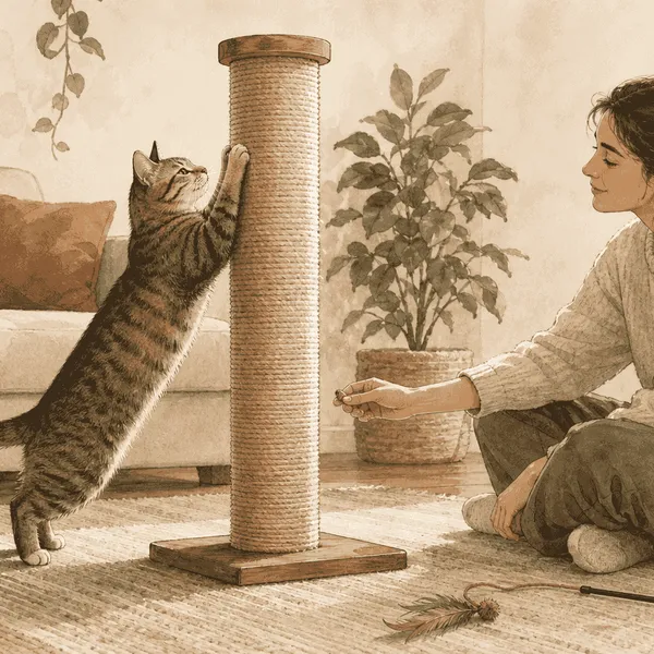 A caregiver calmly offers a wand toy to a young tabby beside a sturdy scratching post in a warm living room.