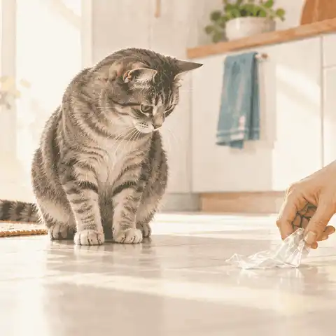A gray tabby cat pauses beside a crinkled plastic wrapper while a caregiver moves the wrapper away on a calm kitchen floor.
