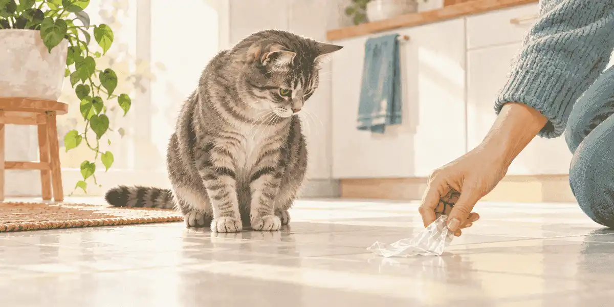 A gray tabby cat pauses beside a crinkled plastic wrapper while a caregiver moves the wrapper away on a calm kitchen floor.