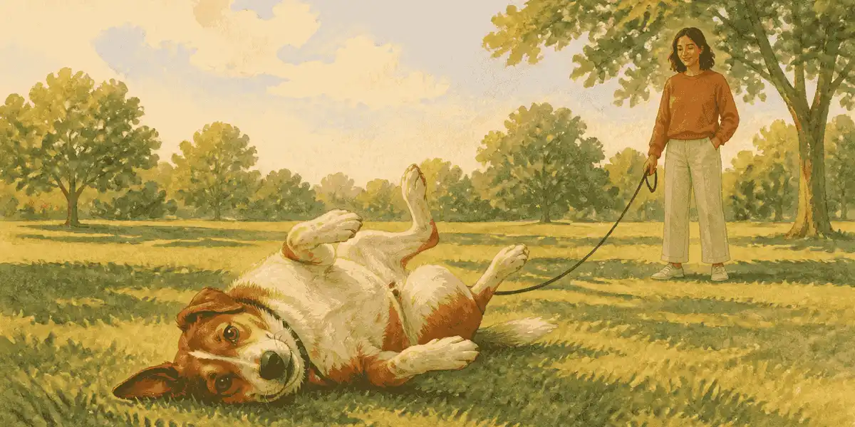 Brown-and-white dog rolling on its back in a sunlit grassy park while a caregiver holds a loose leash nearby.
