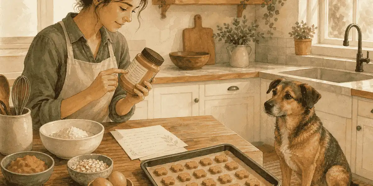 A dog watches from a kitchen mat while a caregiver checks a recipe beside pumpkin, oat flour, and a tray of small biscuits.