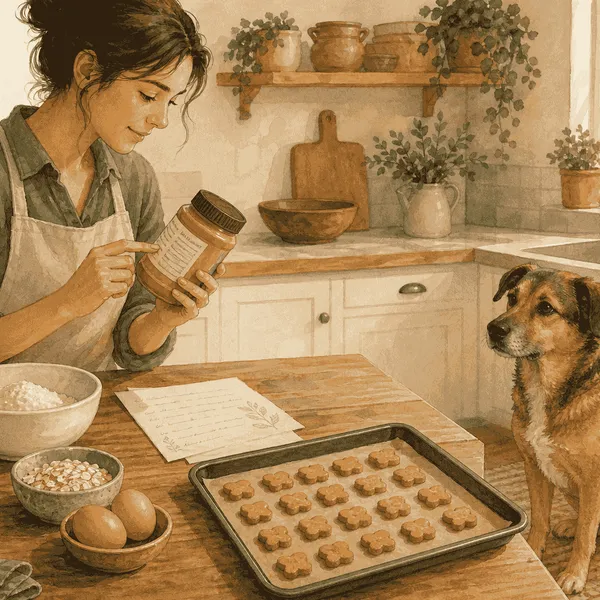 A dog watches from a kitchen mat while a caregiver checks a recipe beside pumpkin, oat flour, and a tray of small biscuits.