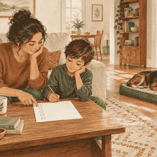 A parent and child review a dog-care checklist while an adult dog rests nearby with room to move away.